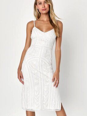 NWT XS  Lulu's Alluring Interest White Sequin Embroidered Sleeveless Midi Dress